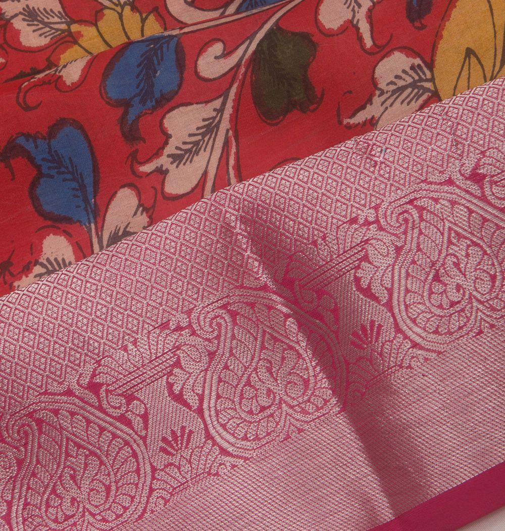 Kanchipuram Silk Handpainted Kalamkari Pink Saree