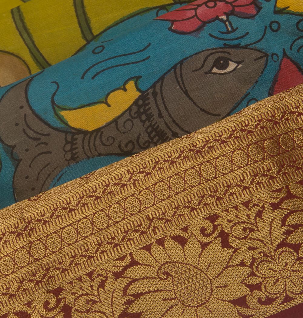 Kanchipuram Silk Handpainted Kalamkari Green Saree