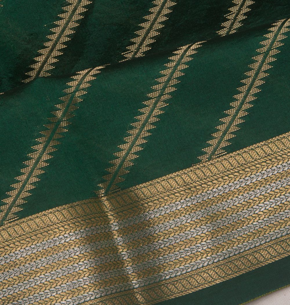 Poona Silk Diagonal Lines Bottle Green Saree