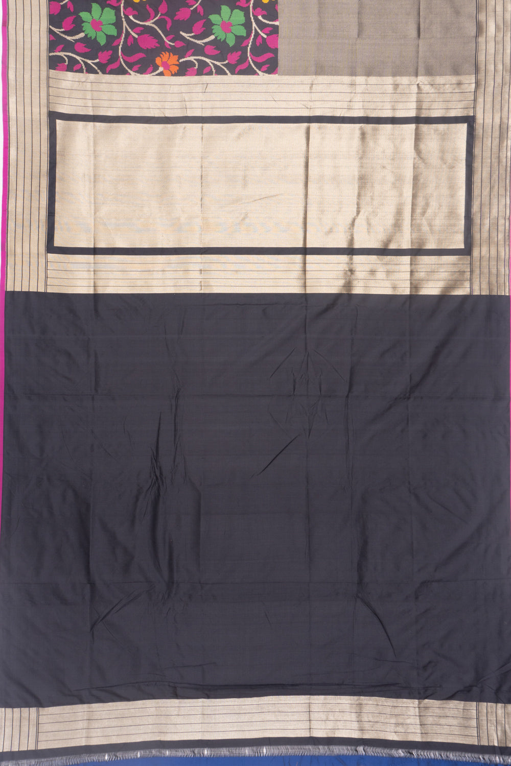 Banarasi Silk Half And Half Lines And Brocade Black Saree