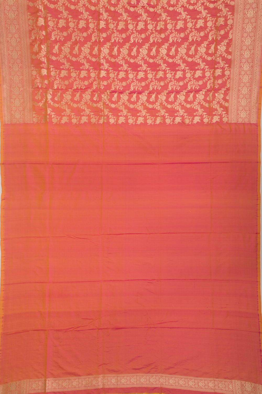 Banarasi Silk Shikarga Jaal Dual Tone Pink And Orange Saree