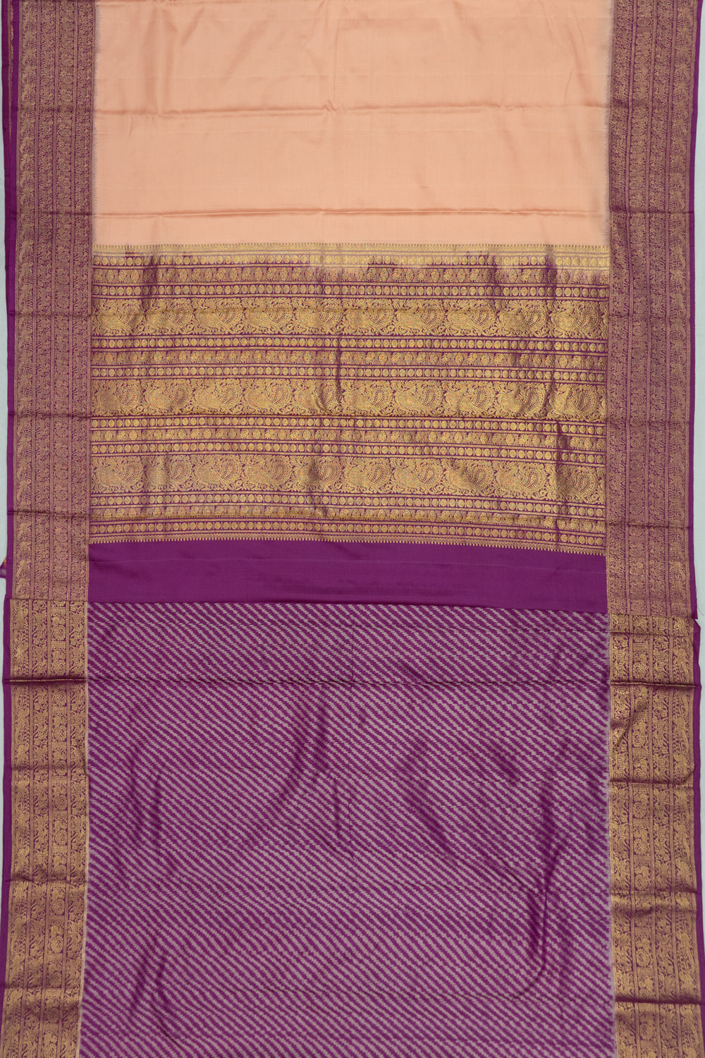 Kanchipuram Silk Twill Plain Peach Saree With Ikat Blouse