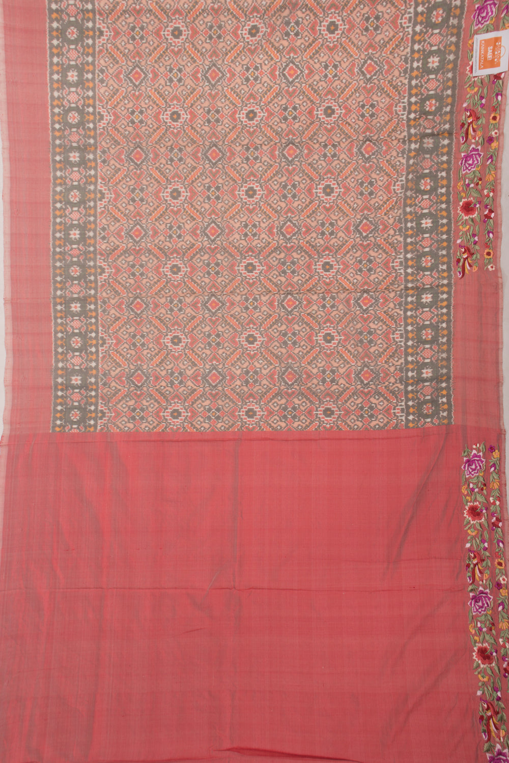 Pochampally Silk Ikat Peach Saree With Embroidery Border