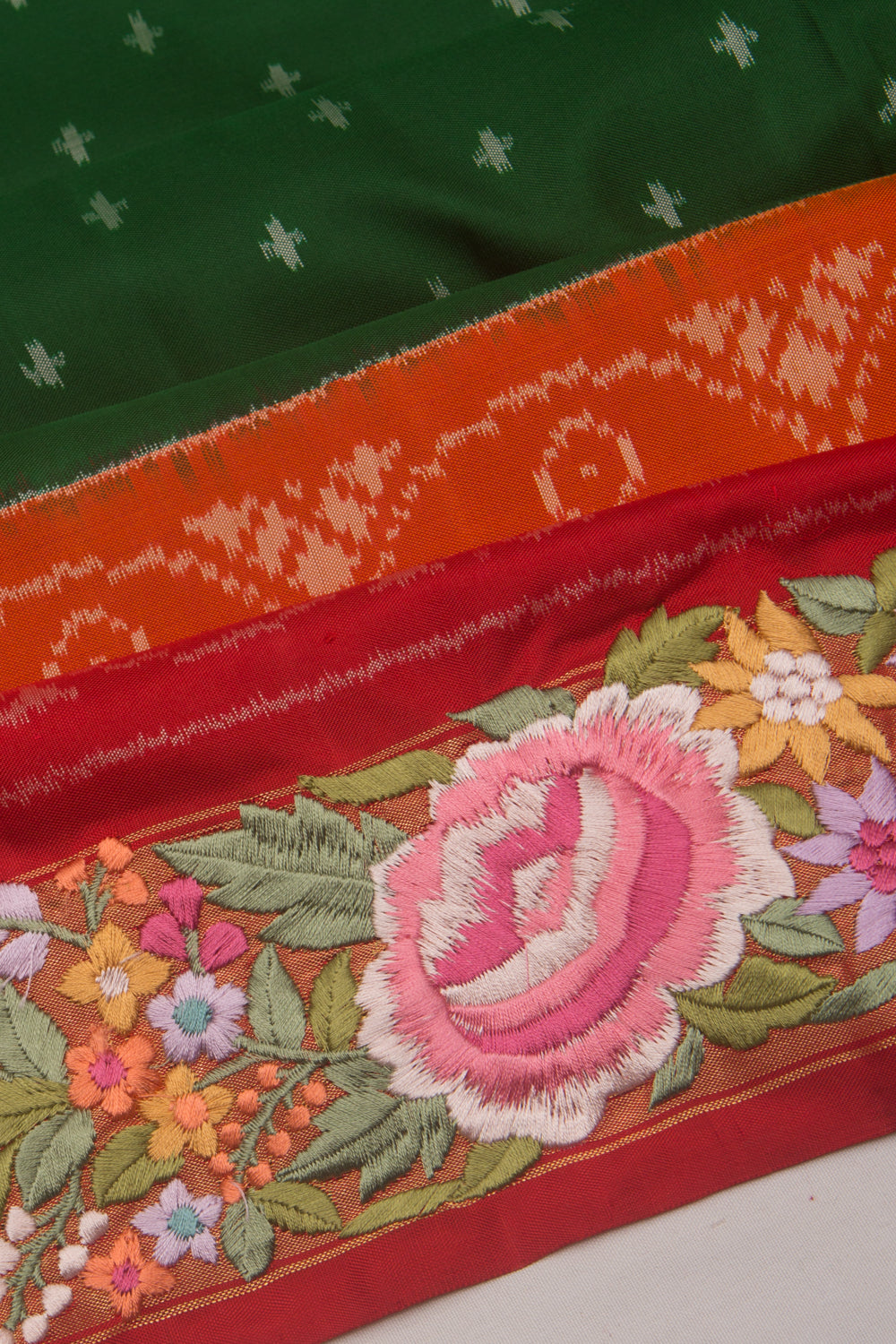 Pochampally Silk Ikat Green Saree With Embroidery Border