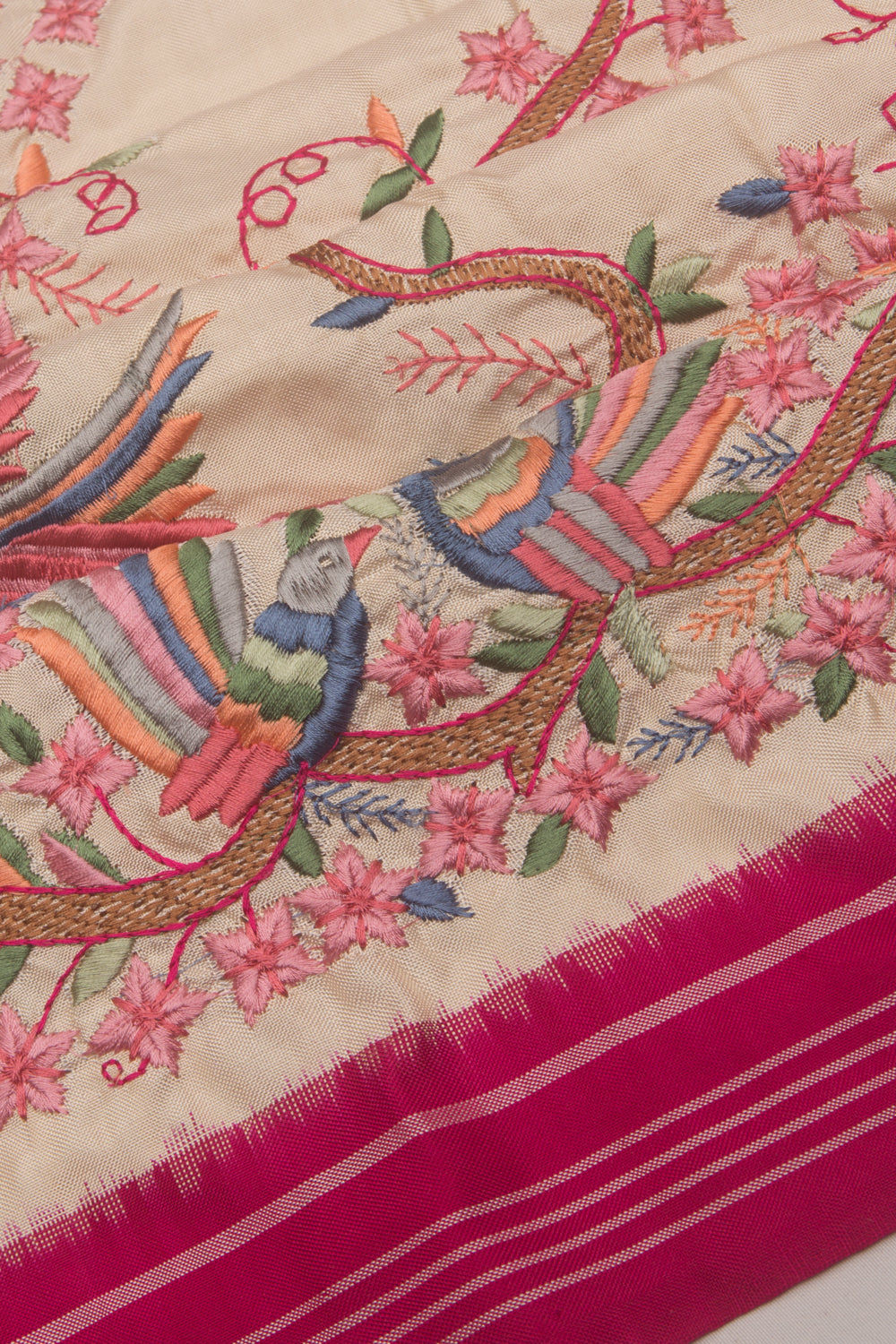 Pochampally Silk Embroidery Cream Saree