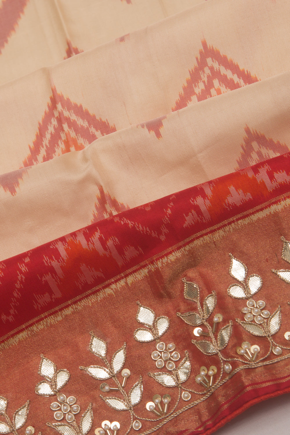 Pochampally Silk Ikat Cream Saree With Gota Pati Border