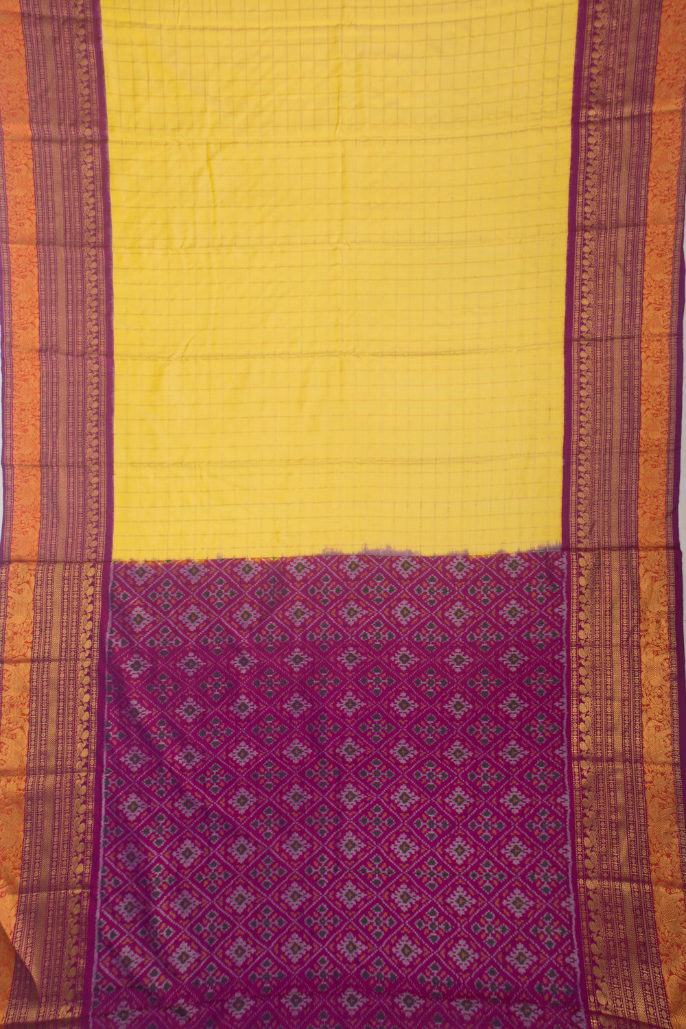 Kanchipuram Silk Twill Checks Yellow Saree