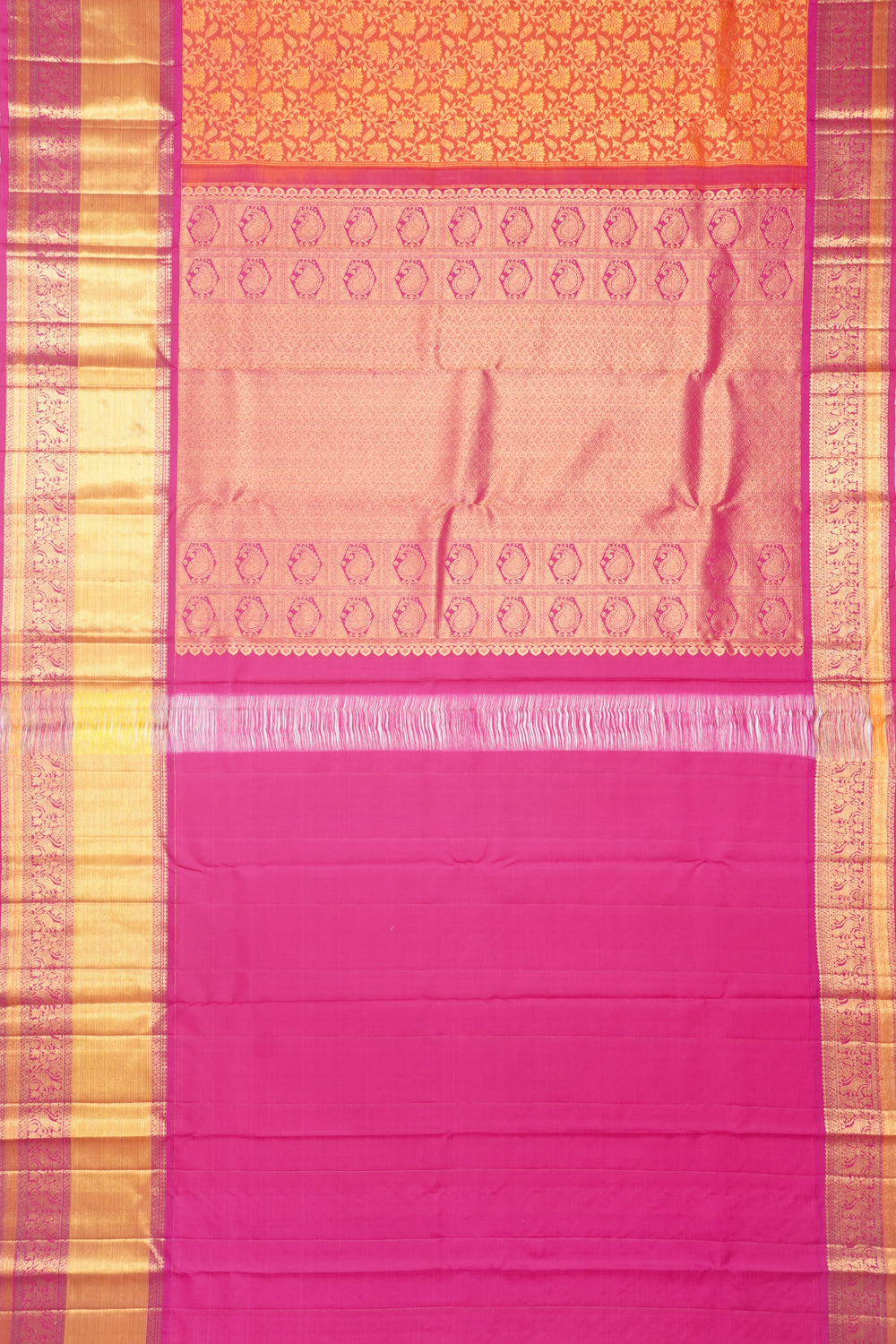 Kanchipuram Silk Brocade Dual Tone Pink And Orange Saree