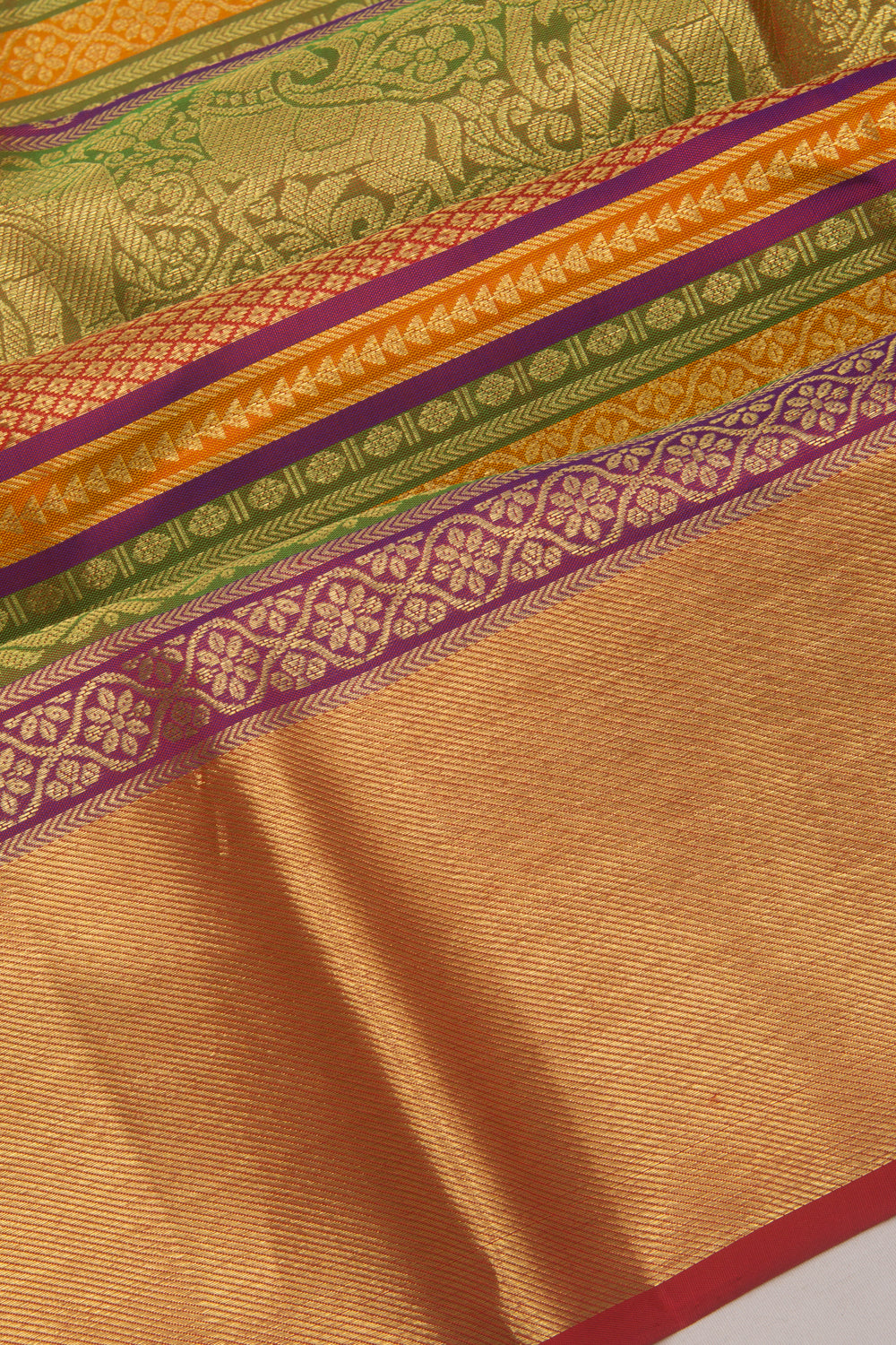 Kanchipuram Silk Brocade Horizontal Lines Multicolor Saree