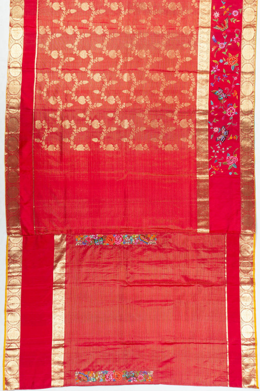 Petit Point Kanchipuram Silk Jaal And Oosi Lines Redish Pink Saree