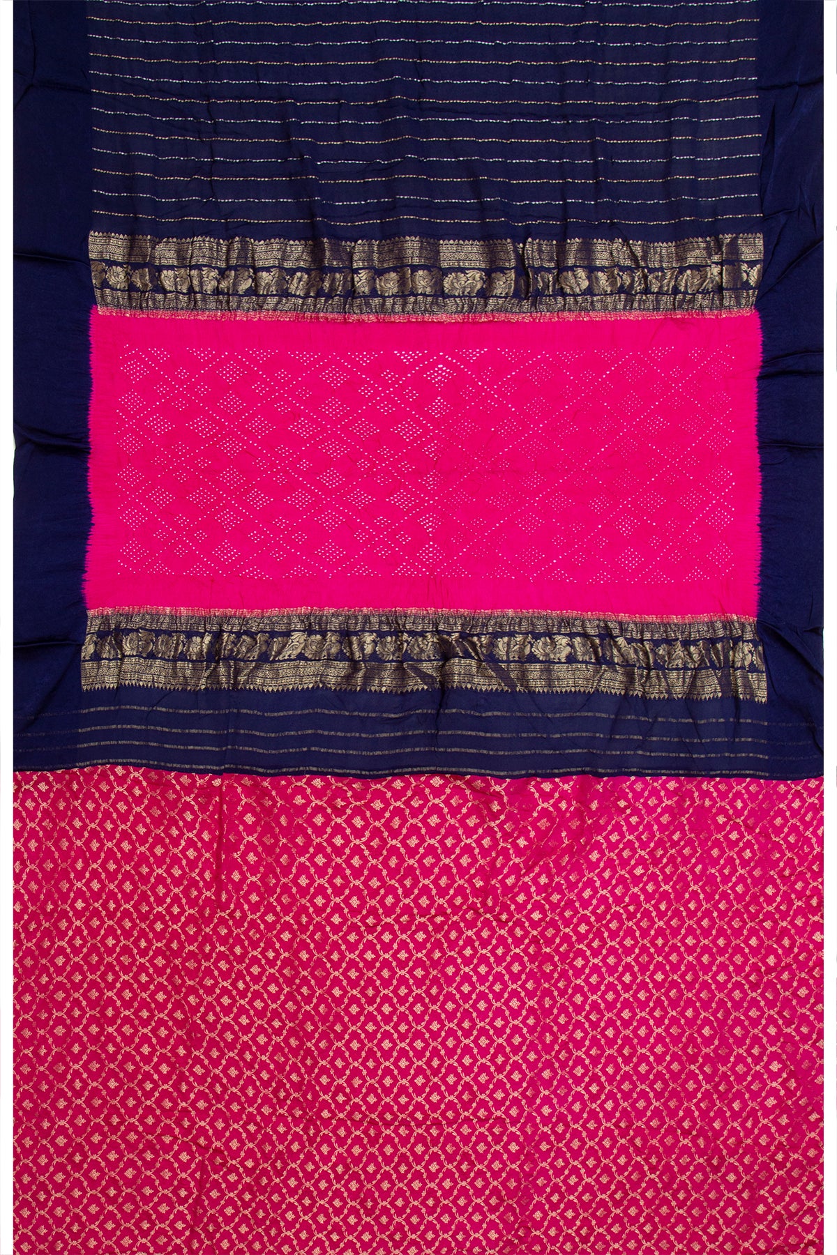 Georgette Vertical Lines Dark Blue Saree With Bandhani Pallu