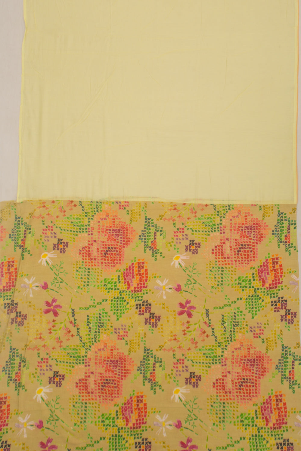Chanderi Cotton Kantha Work Lemon Yellow Saree