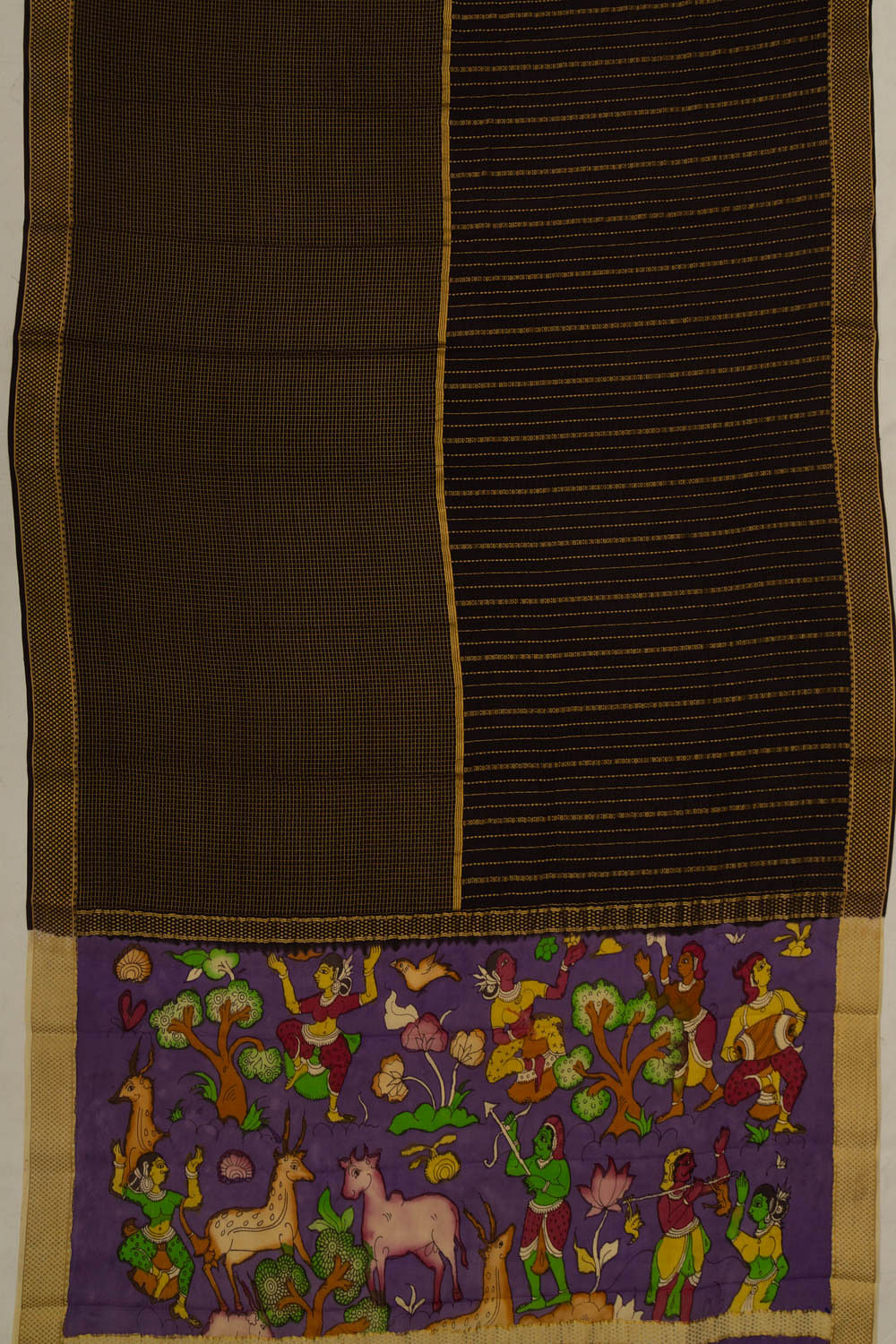 Georgette Half And Half Checks And Vertical Lines Black Sare