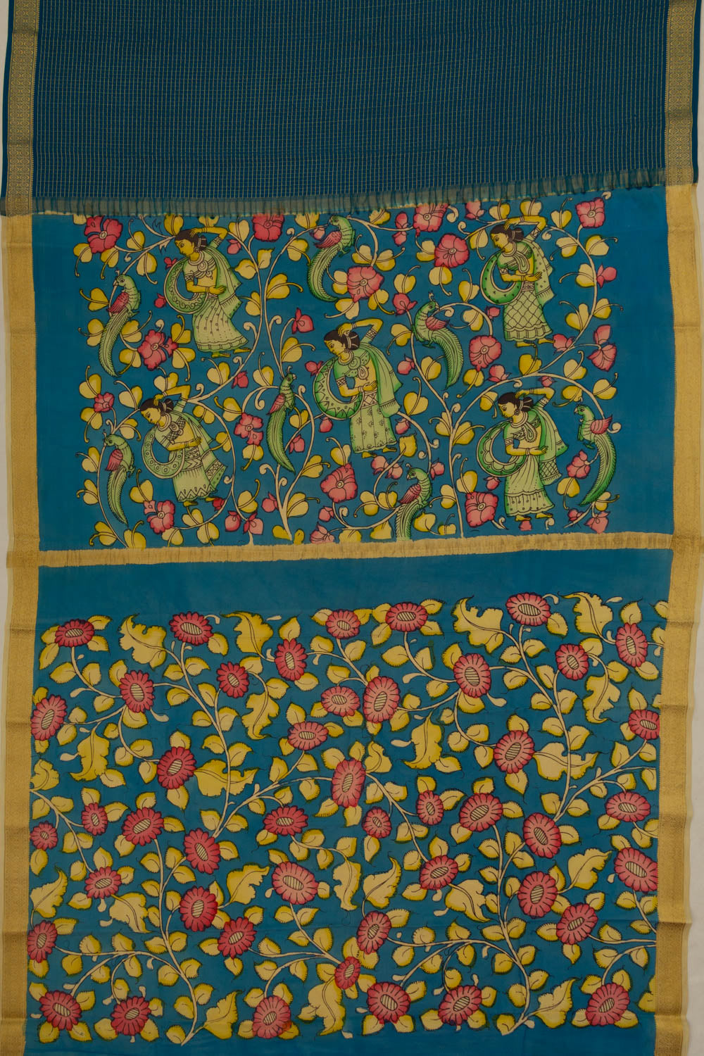 Georgette Checks Blue Saree With Kalamkari Pallu