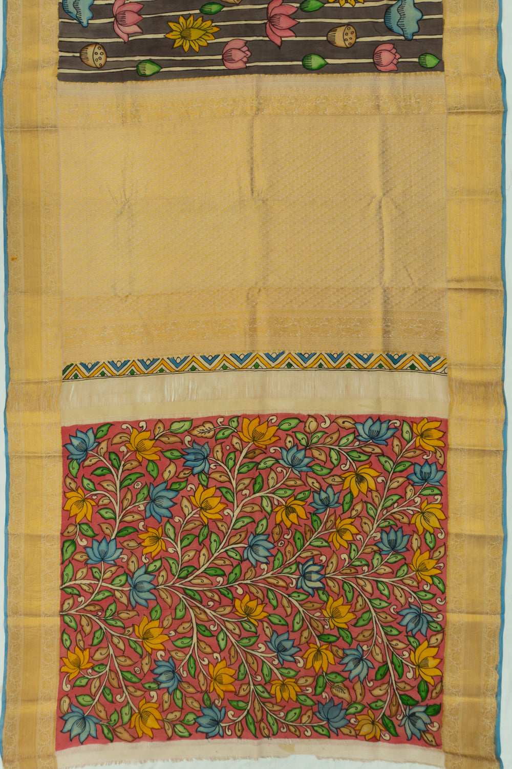 Kanchipuram Silk Kalamkari Handpainted Brown Saree
