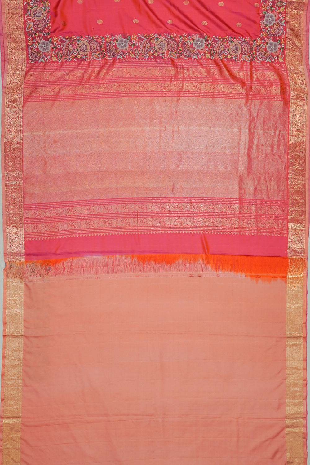 Kanchipuram Silk Butta Dual Tone Pink And Orange Saree With Embroidery
