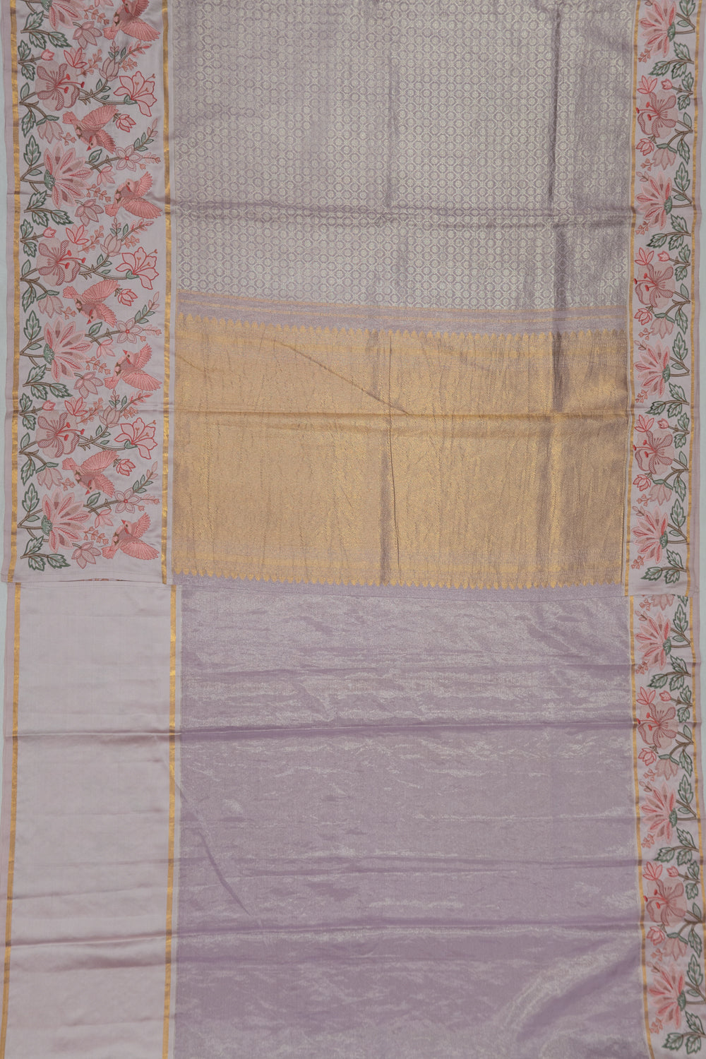 Kanchipuram Silk Tissue Criss Cross Checks And Butta Lavender Saree With Embroidery Border