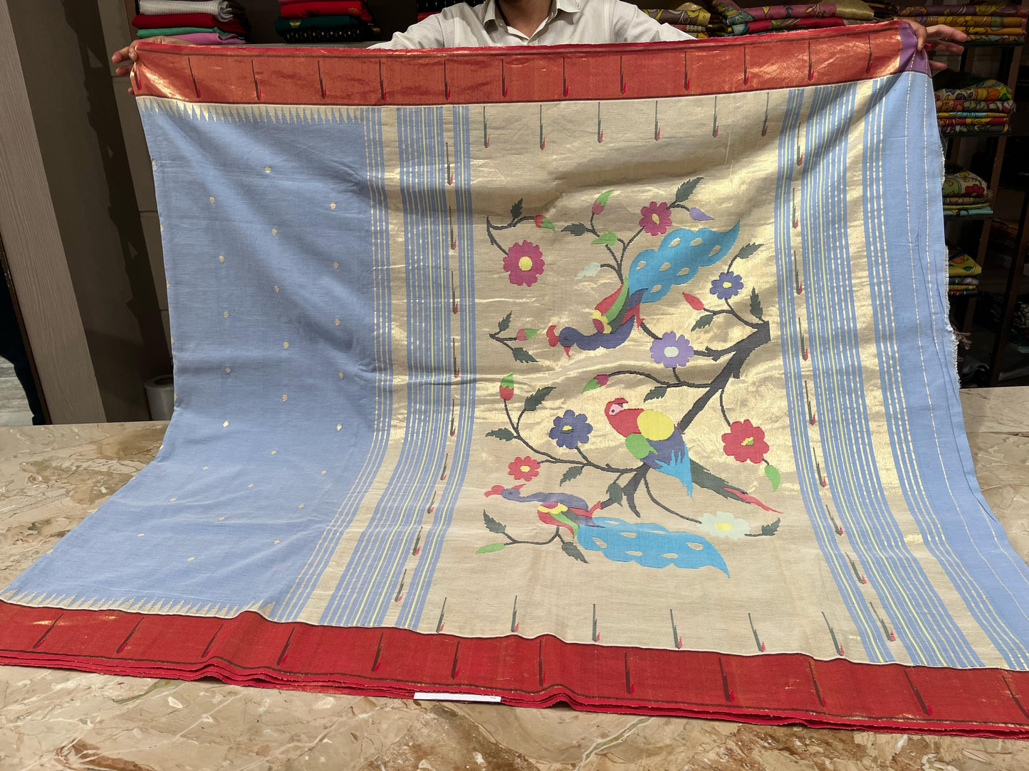 Paithani Cotton Butta Misty Blue Dupatta