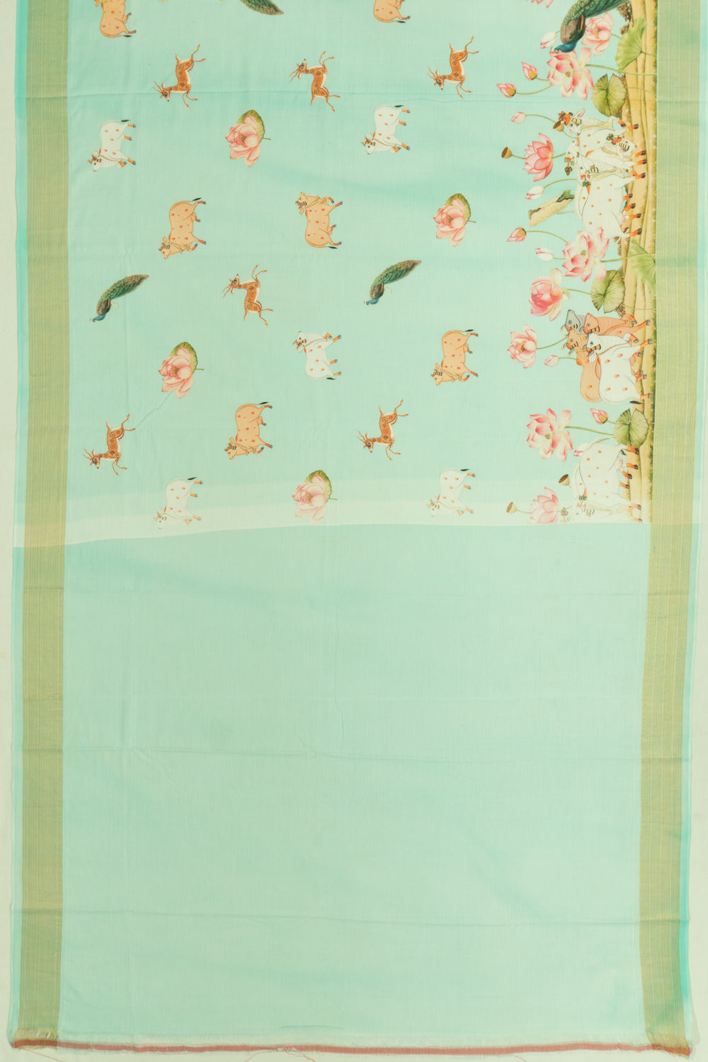 Paithani Cotton Butta Pichwai Printed Sky Blue Saree