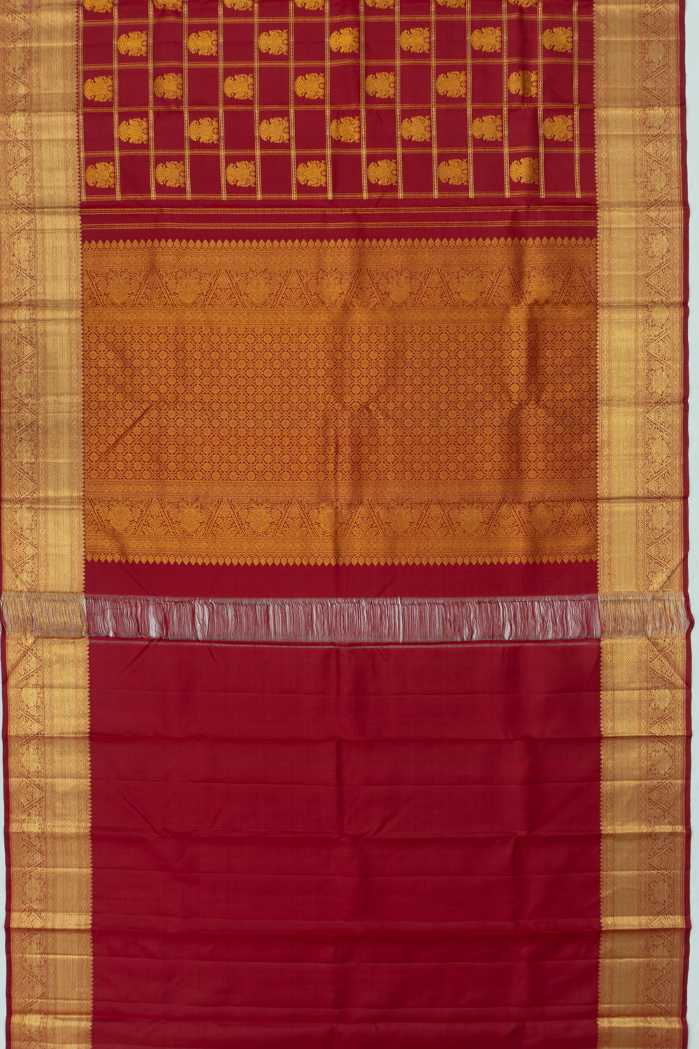 Kanchipuram Silk Checks And Butta Maroon Saree