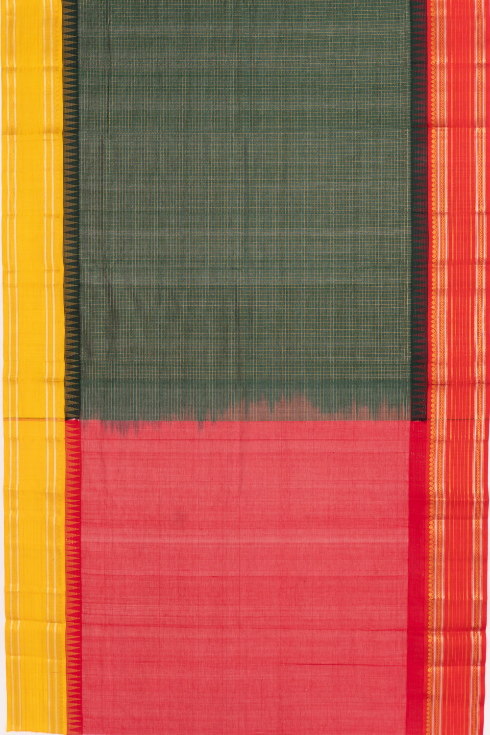 Gadwal Cotton Silk Checks Bottle Green Saree With Ganga Jamuna Border