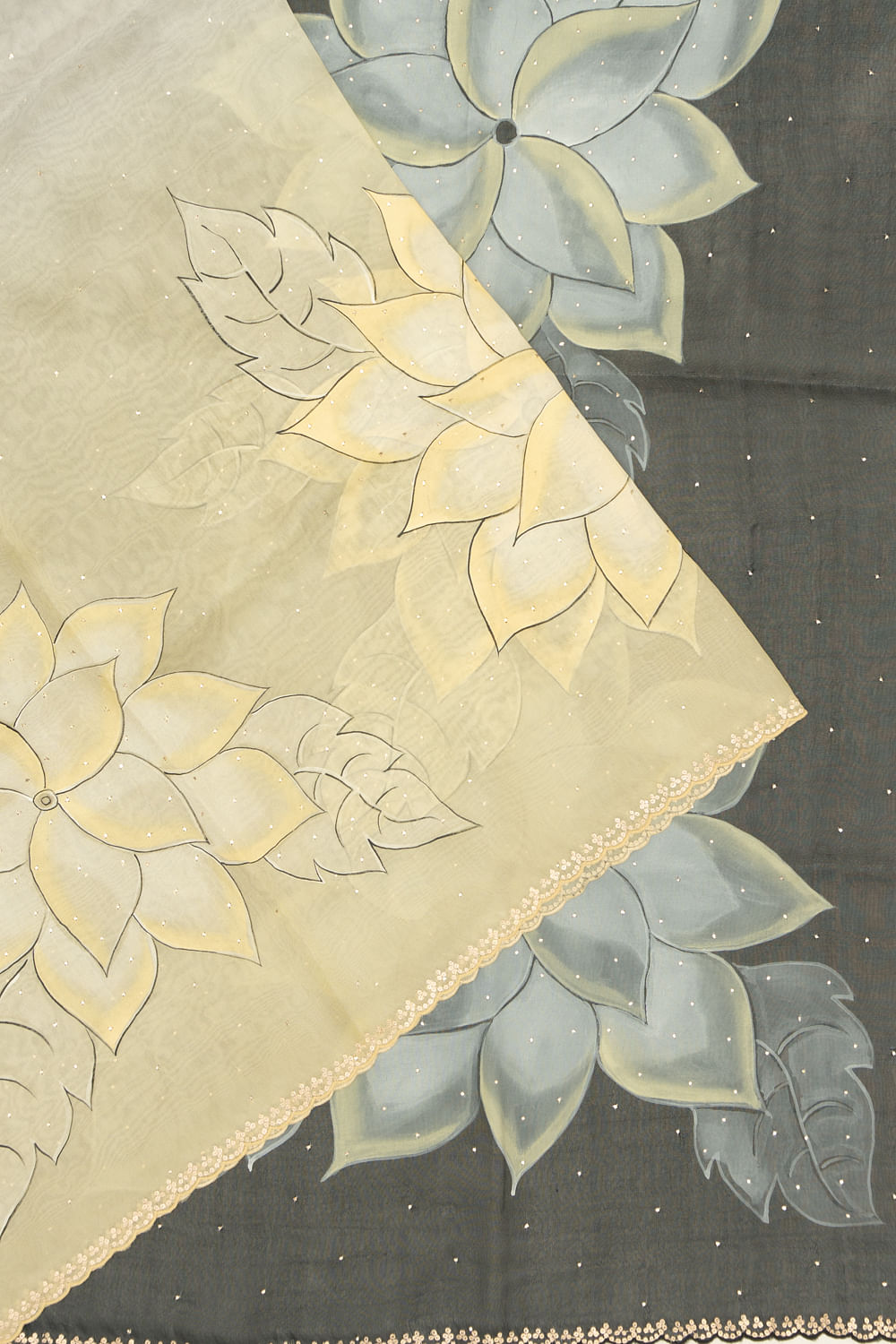Organza Mukesh Work With Printed Half-N-Half Cream And Black