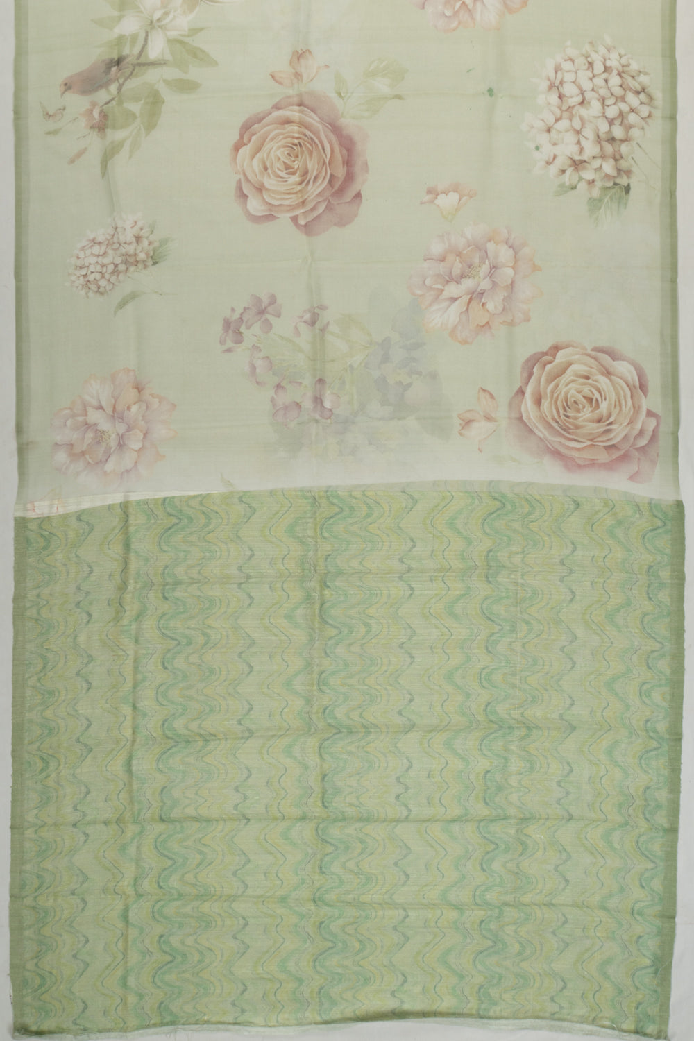 Organza Floral Printed Green Saree With Jamdani Pallu