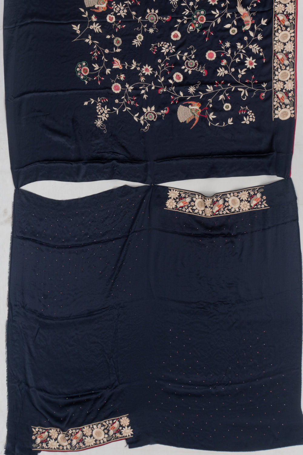 Parsi Gara Satin Floral Embroidery Midnight Blue Saree