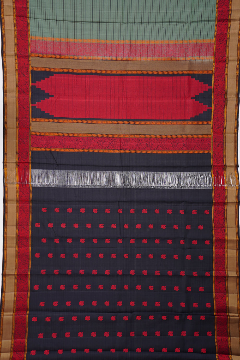 Kanchipuram Silk Retro Lines Grey Saree With Resham Border And Pallu