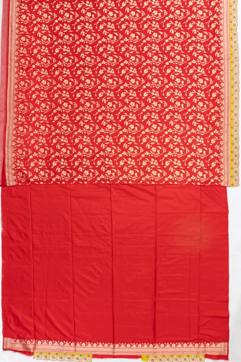 Banarasi Silk Jaal Red Saree With Scallop Border