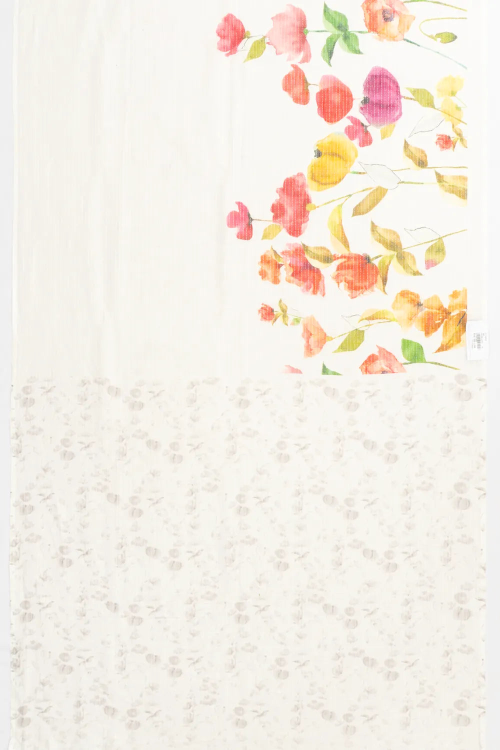 Linen Floral Printed White Saree With Kantha Work