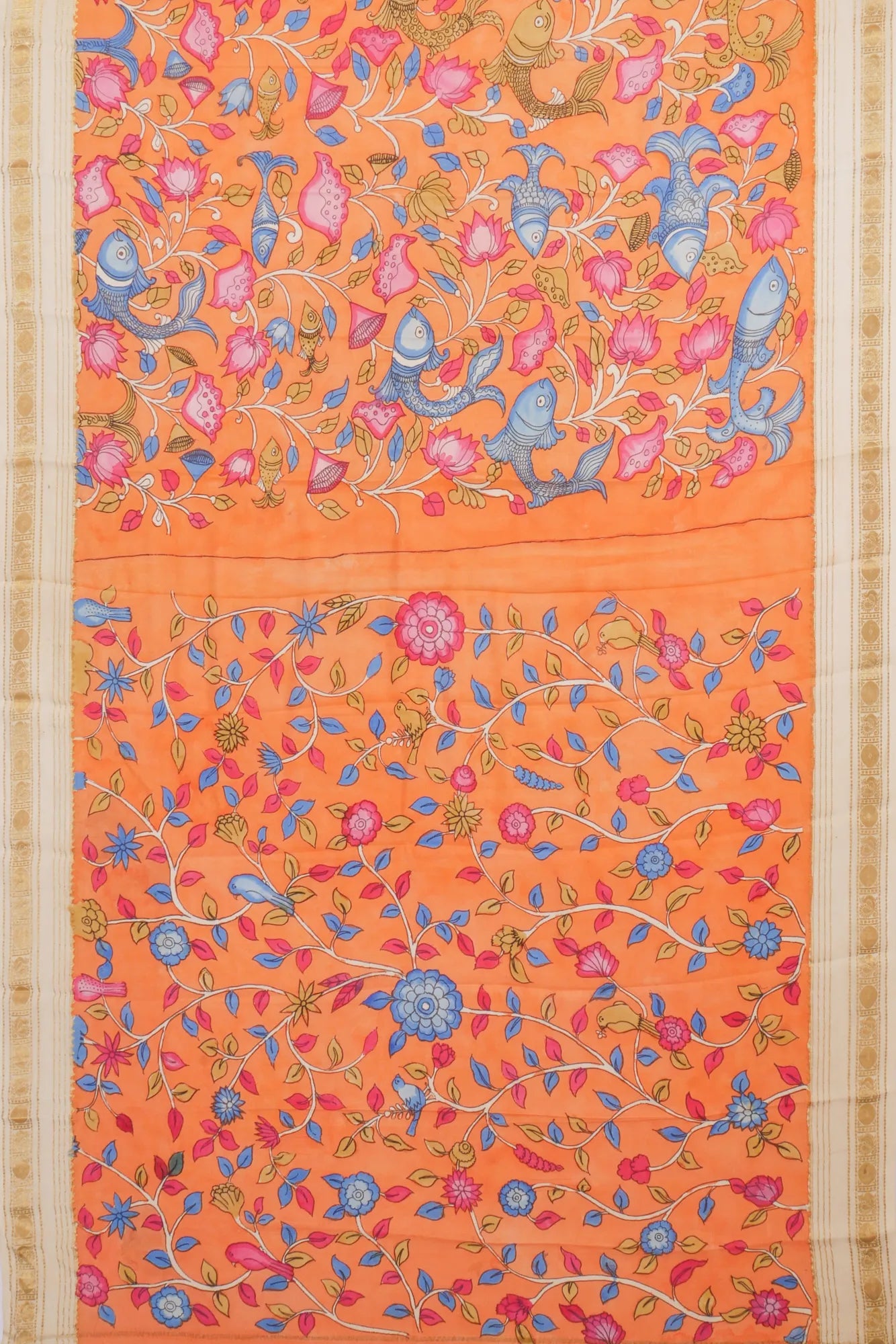 Kankatala Georgette Kalamkari Handpainted Orange Saree g2