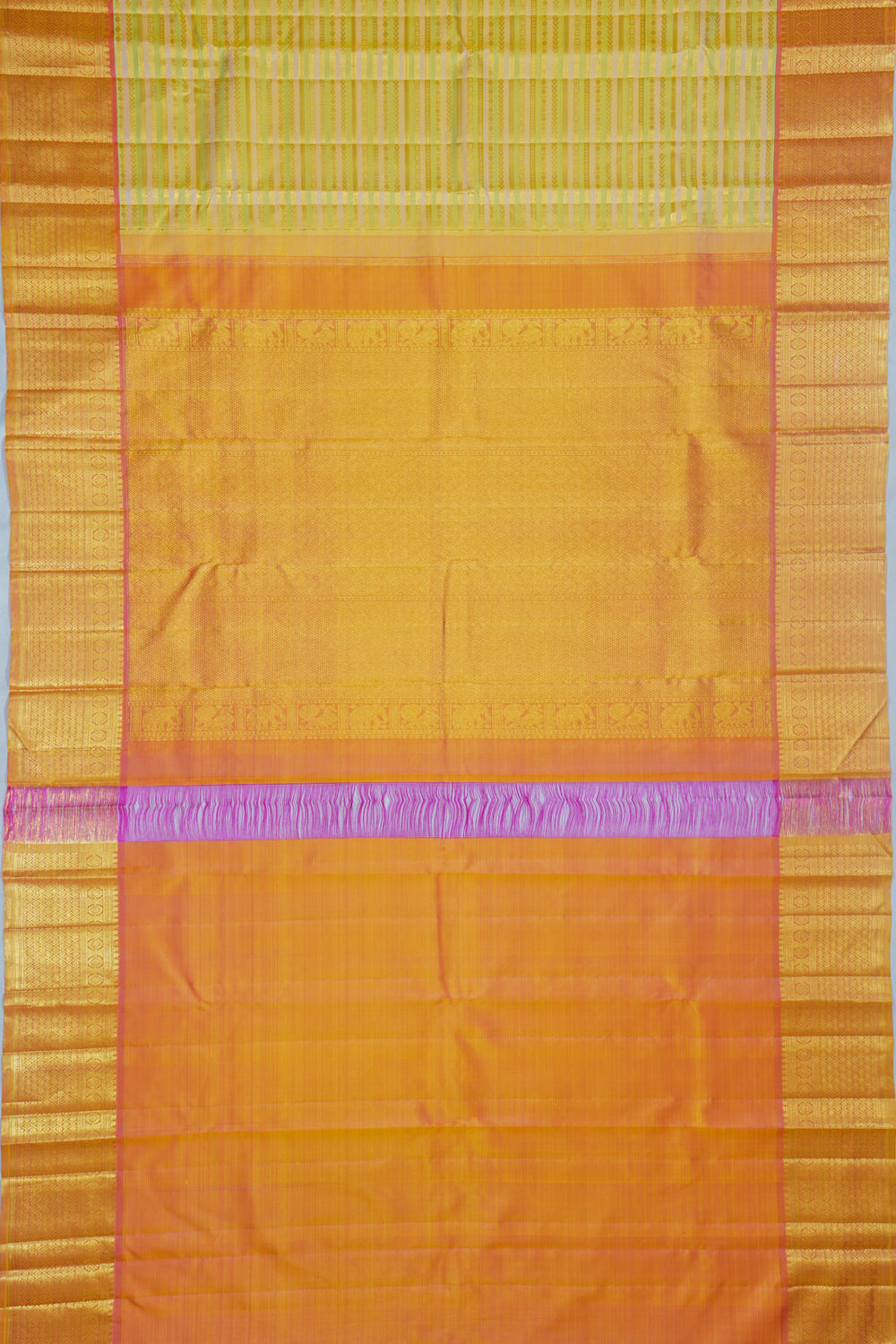 Classic Kanchipuram Silk Horizontal Lines Peach And Green Saree