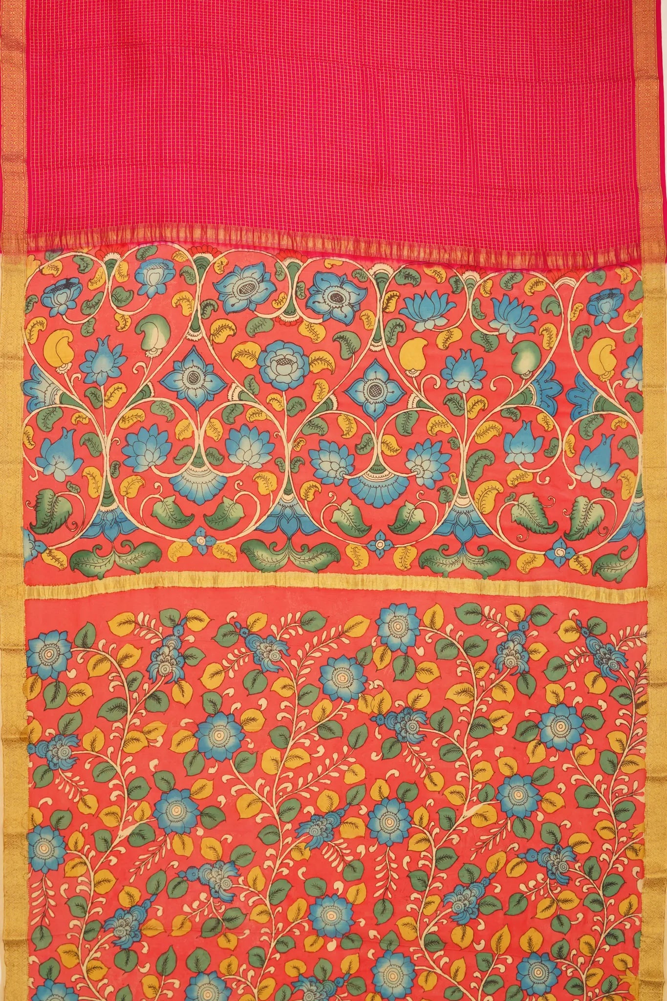 georgette-crepe-checks-rani-pink-saree-with-kalamkari-border-1215372843