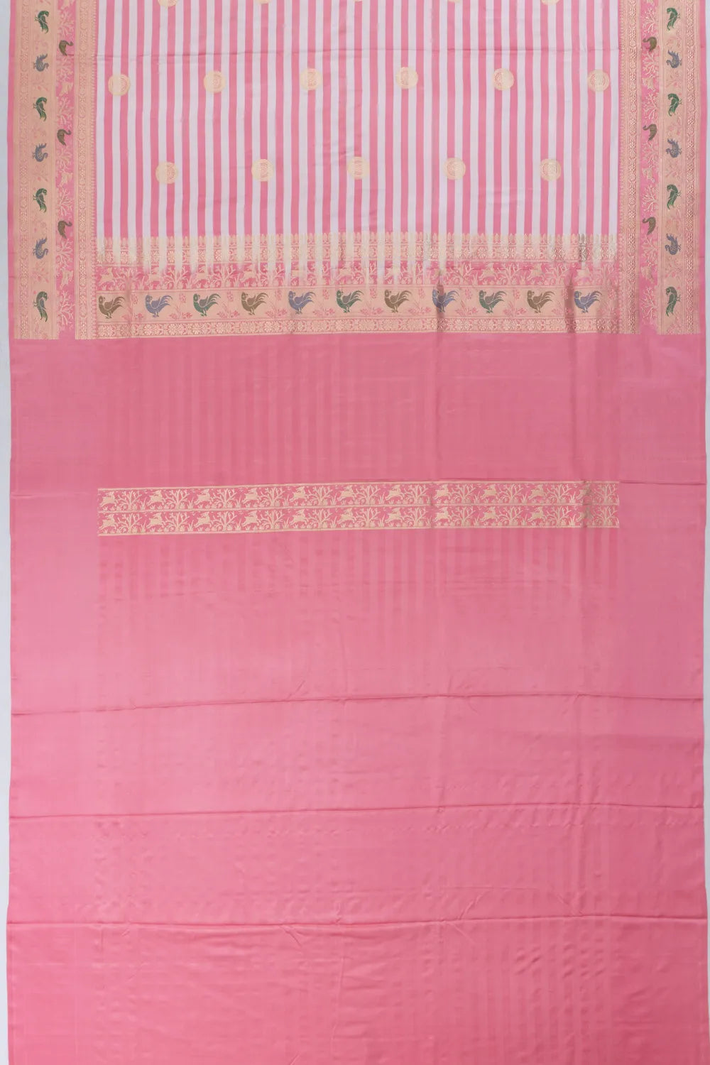 Vintage Banarasi Satin Horizontal Lines And Butta Baby Pink Saree