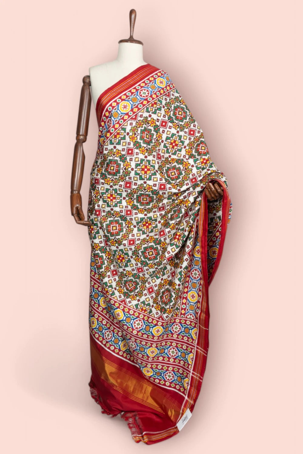 Patan Patola Silk Double Ikat Navratna White Saree