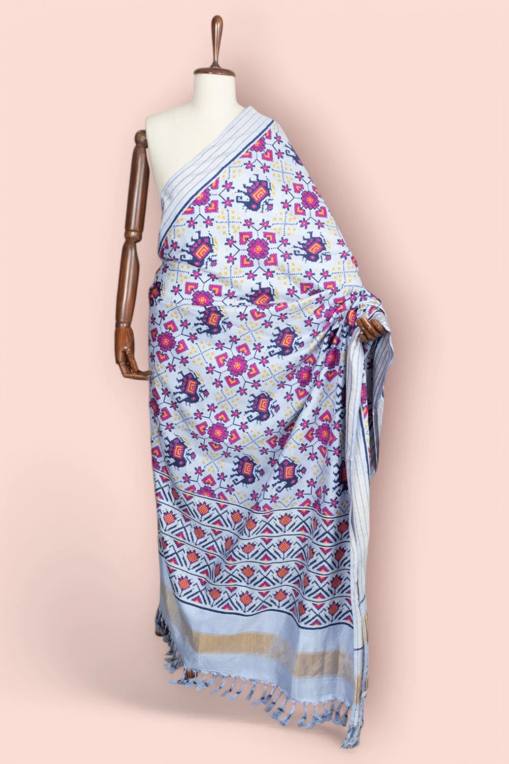 Patan Patola Silk Double Ikat Pan Bhat Pastel Blue Saree