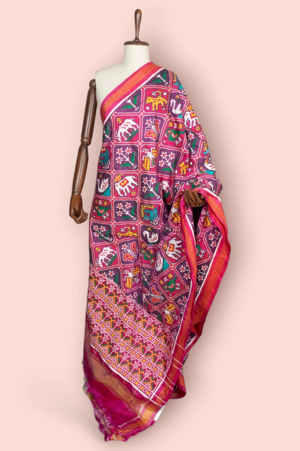 Patan Patola Silk Double Ikat 9 Figure Pink Saree