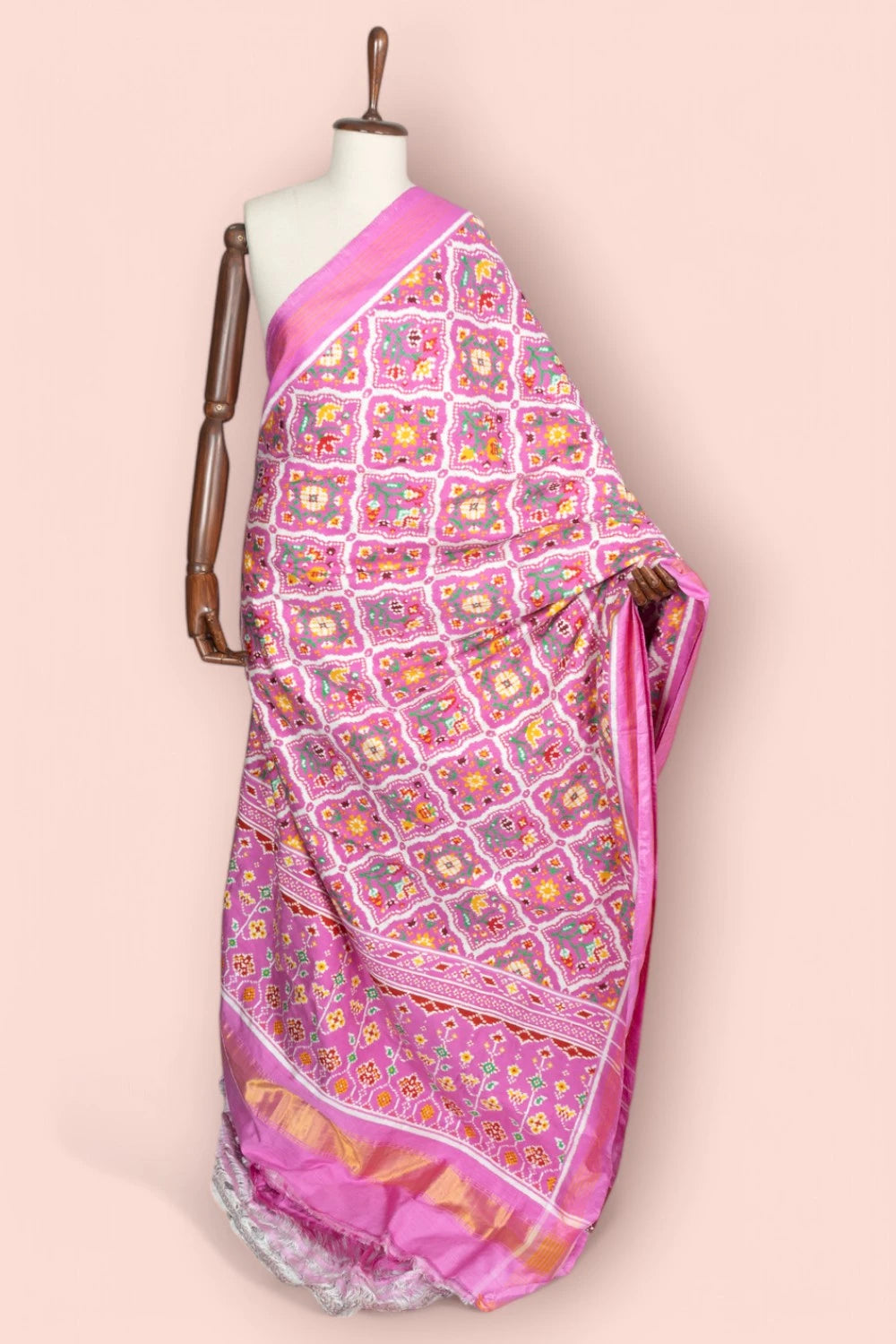 Patan Patola Silk Double Ikat Phoolwari Baby Pink Saree