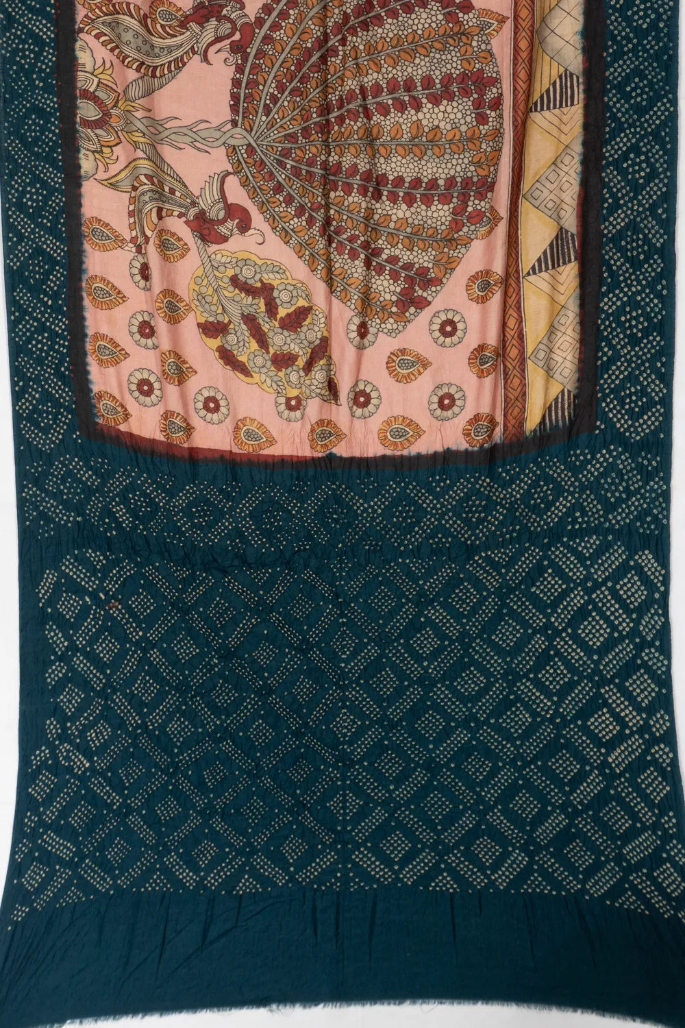 Tussar X Kalamkari Hand Painted Baby Pink Saree With Bandhani Border And Pallu