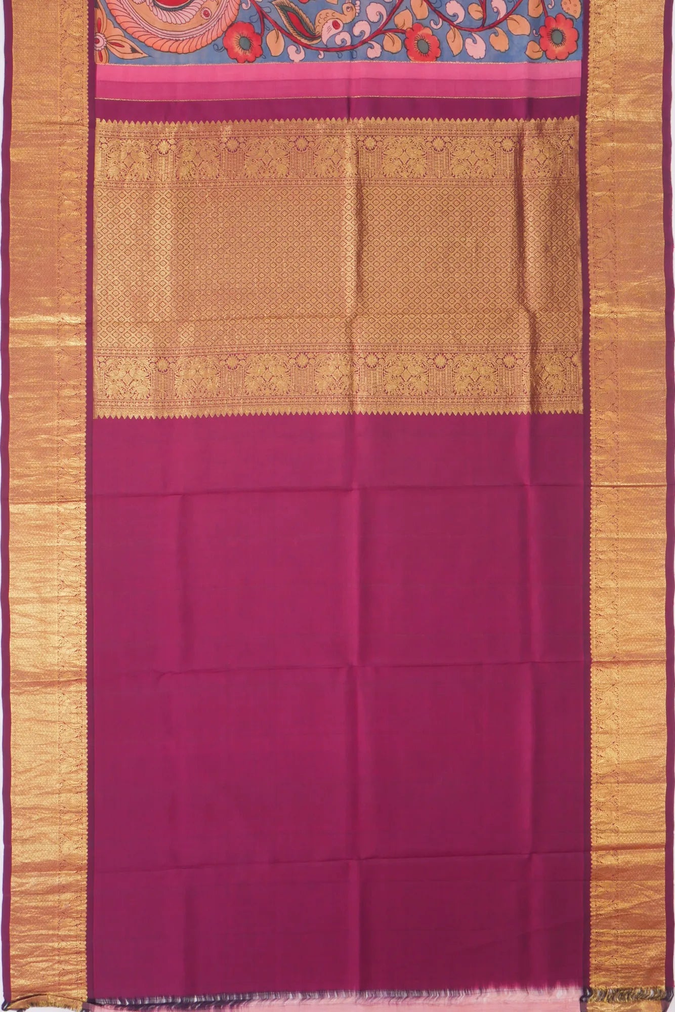 Kankatala Kanchipuram Silk Kalamkari Handpainted Blue Saree g2