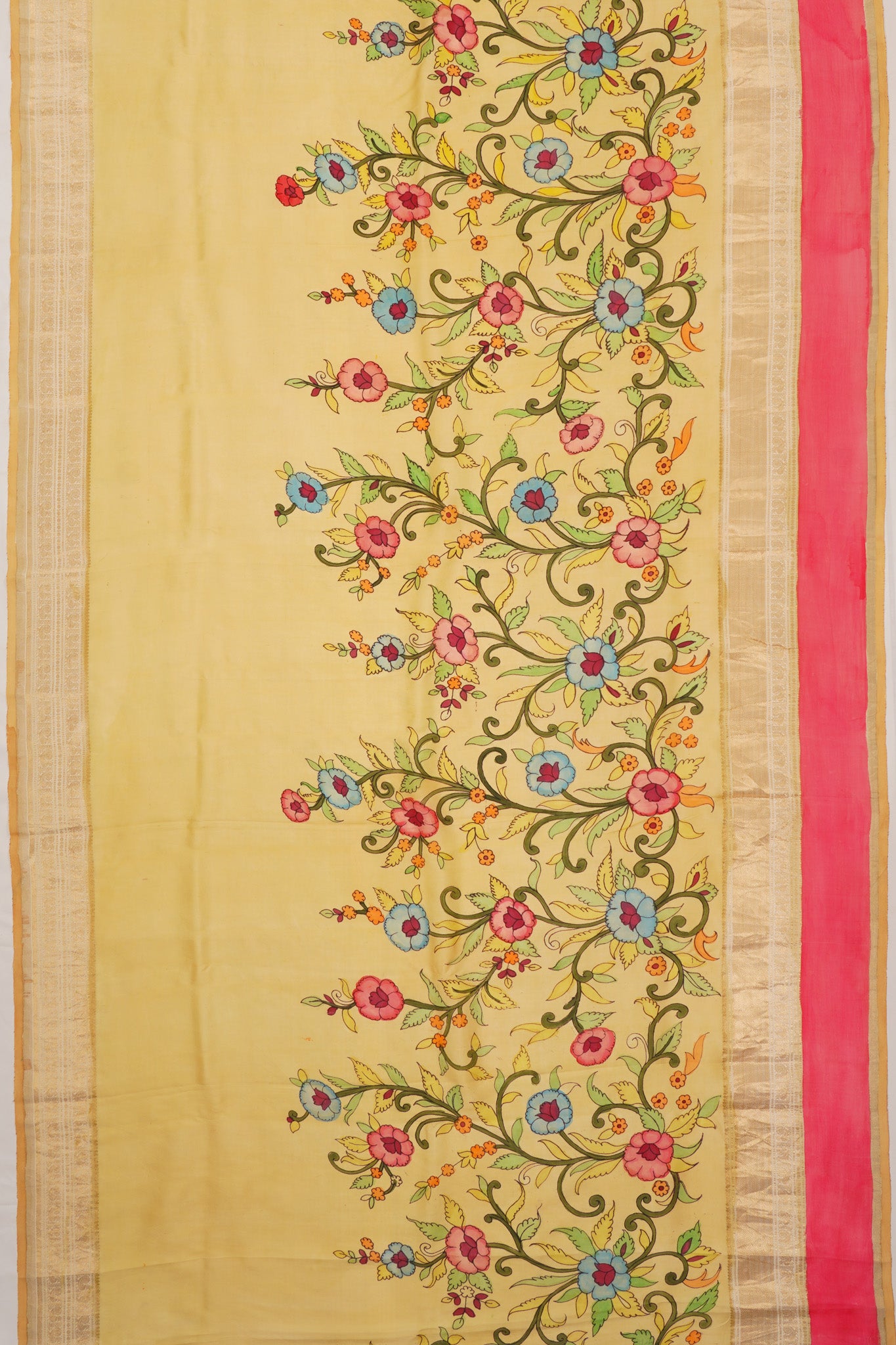 Kanchipuram Silk Kalamkari Handpainted Cream Saree