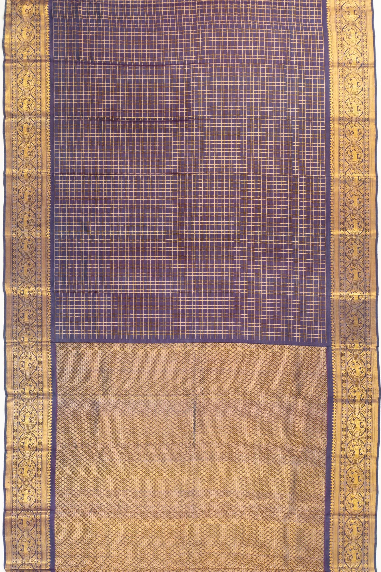 Natural Dye Kanchipuram Silk Twill Checks Dual Tone Blue And Purple Saree