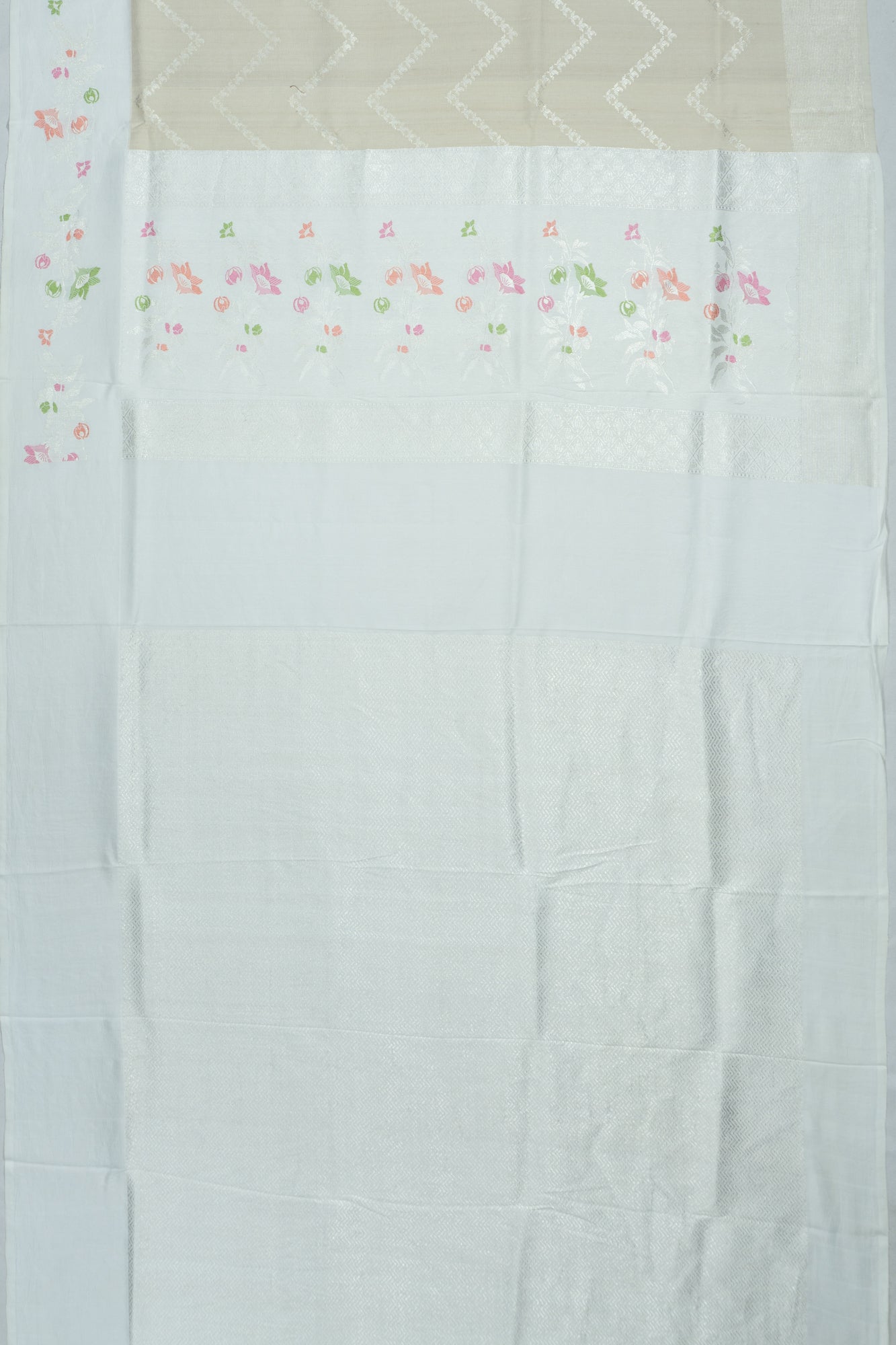 Banarasi X Tussar Georgette Zig Zag Lines Beige Saree