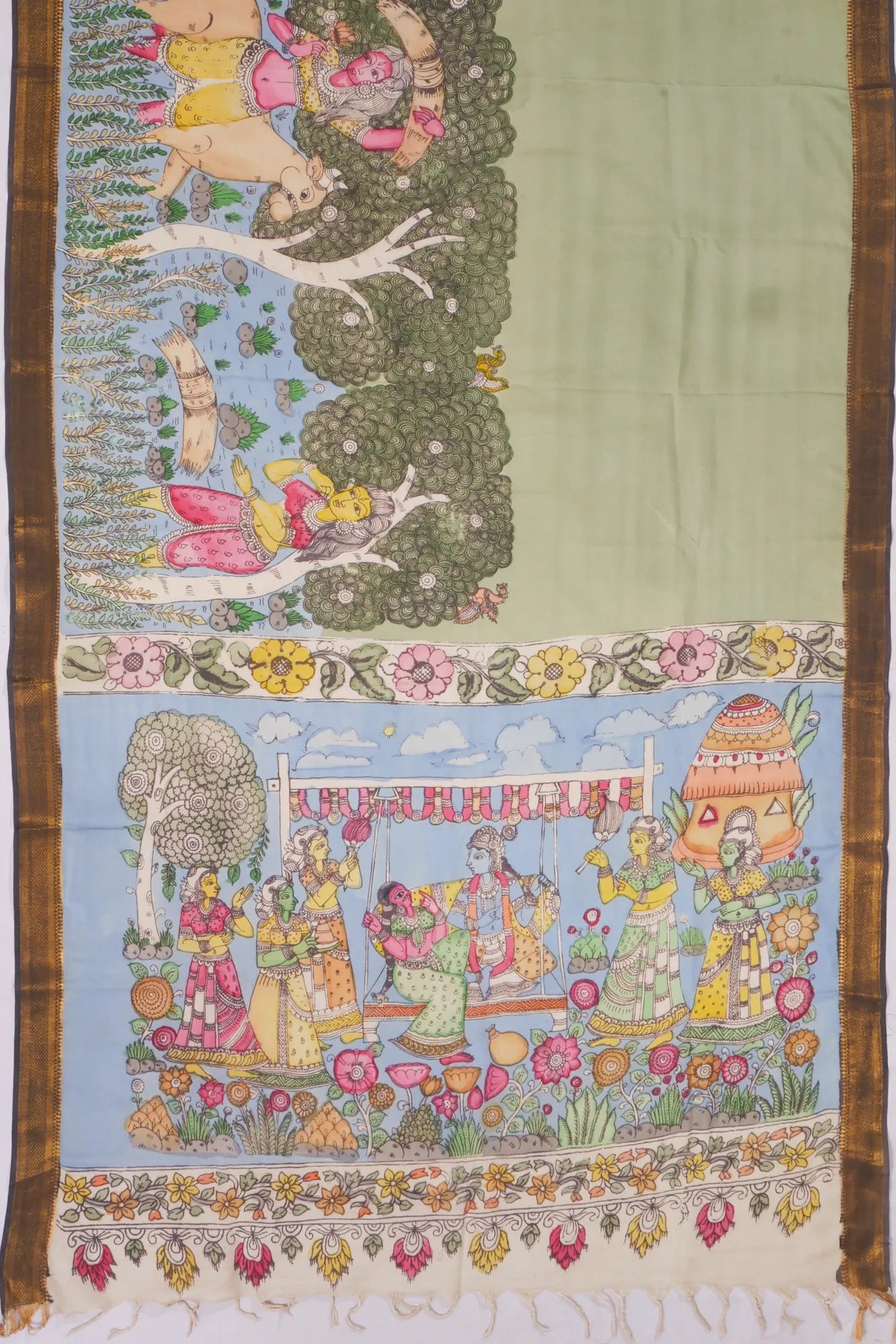 Kankatala Soft Silk Kalamkari Handpainted Pista Green Saree g2