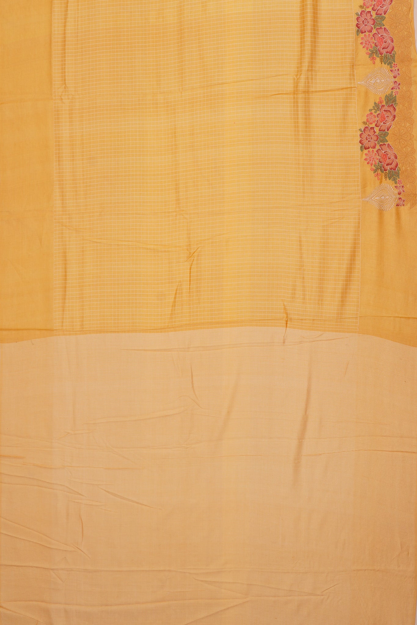 Tussar Checks Yellow Saree With Embroidery Border
