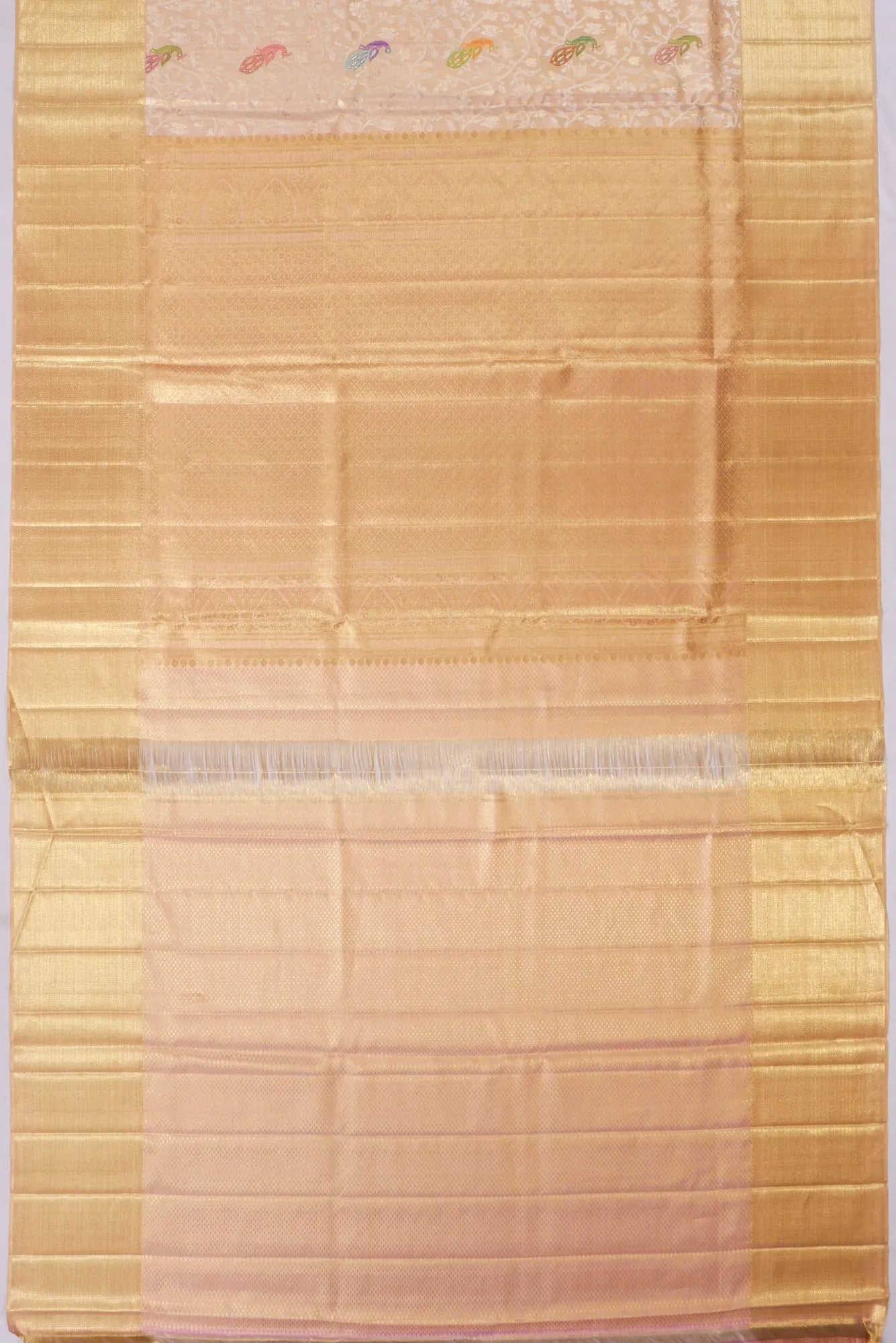 Kankatala Kanchipuram Silk Tissue Meenakari Jaal Peach Saree g2