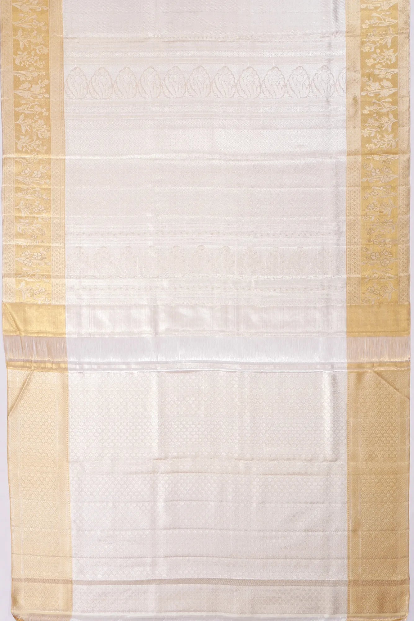 Kankatala Kanchipuram Silk Tissue Diagonal Lines Silver Saree g2