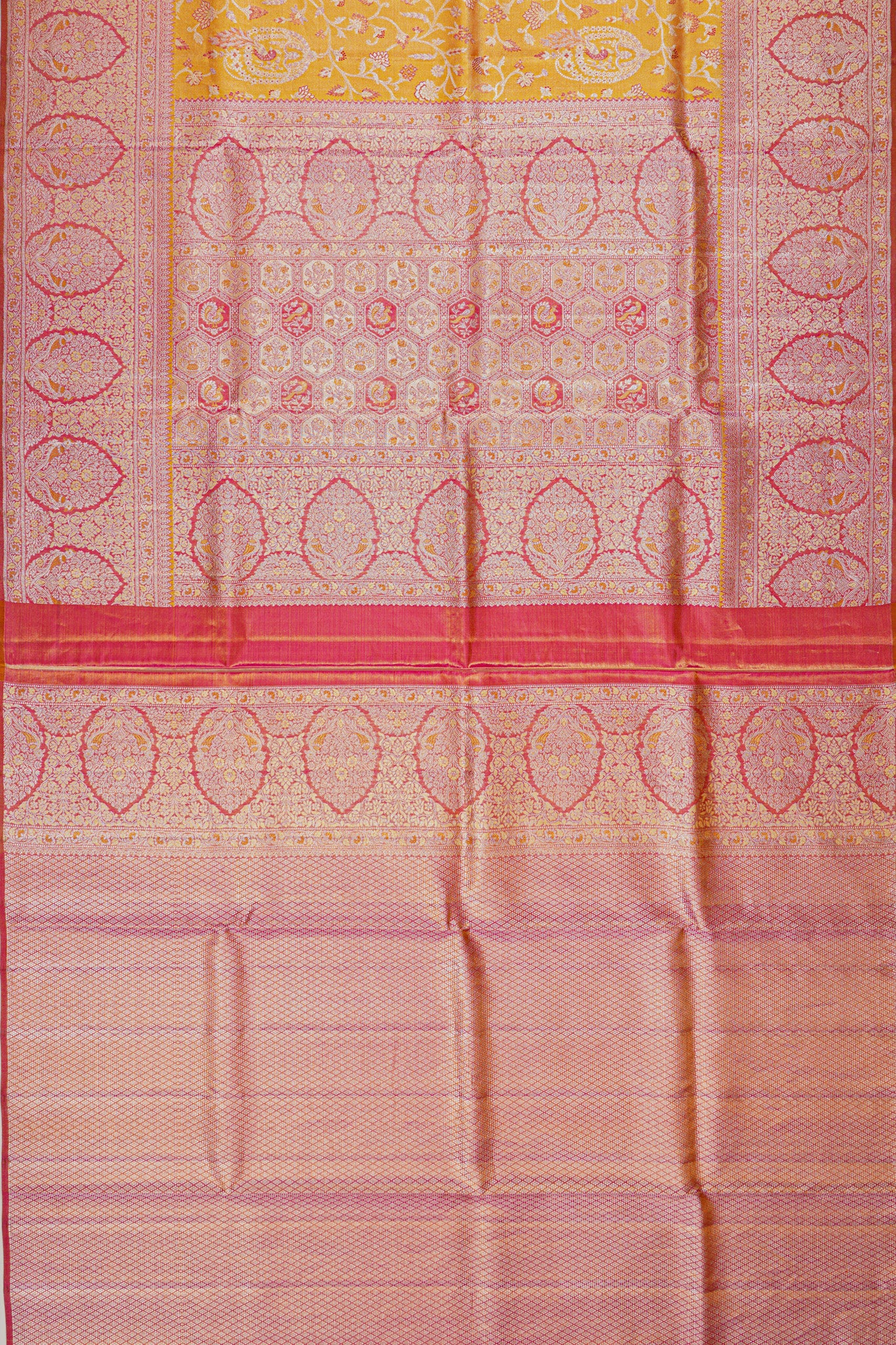 Kanchipuram Silk Tissue Jaal Mustard Yellow Saree