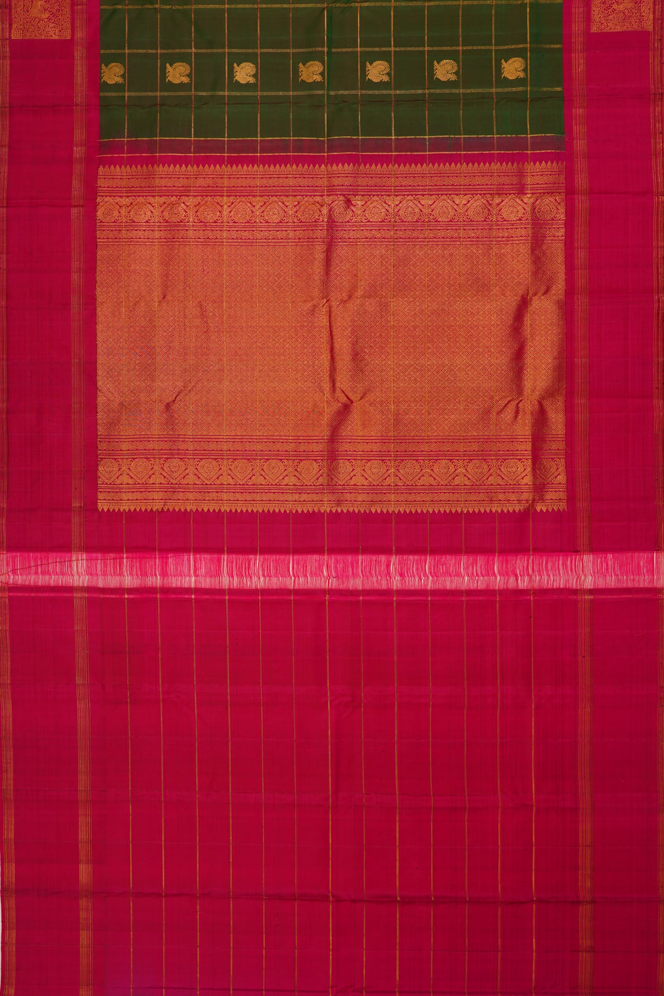 Taranga Kanchi Silk Checks And Butta Dark Green Saree